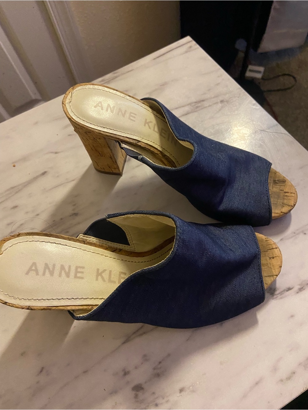 Anne Klein Navy Denim Open-Toe Cork Block Heel Mules